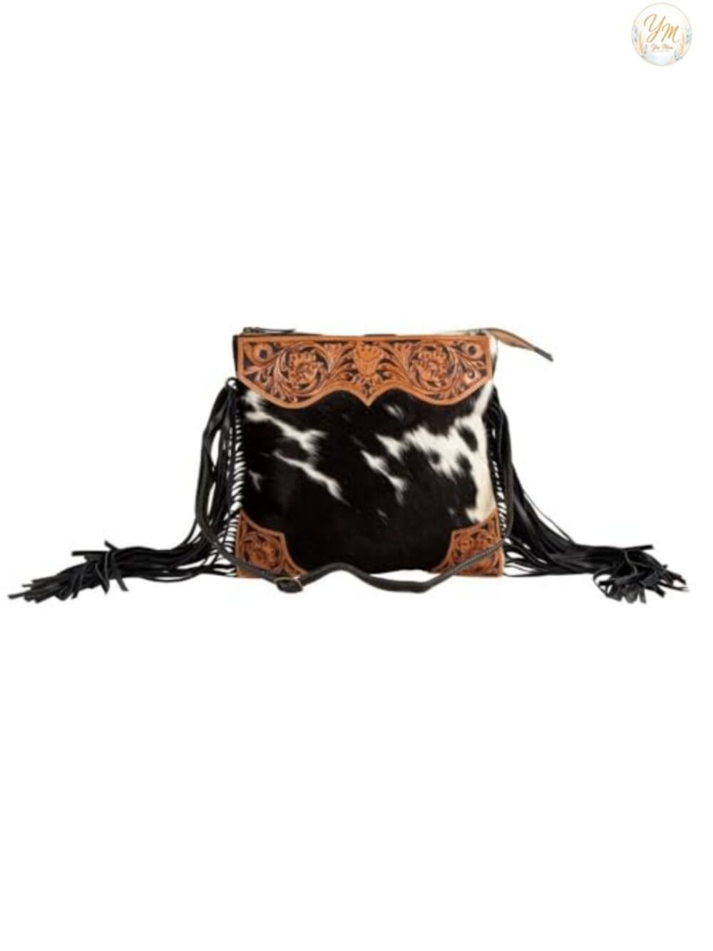 Tooled Leather Cowhide Western Handbag w/ Hair On Buffalo Strap
